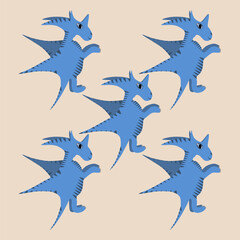 Fototapeta premium set of five isolated flying dragons in blue, fantasy dragon monster for kids, cartoon fantasy creature, illustration design for kids