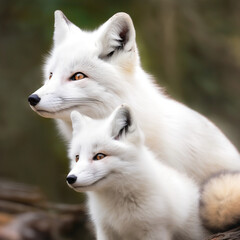 Beautiful white fox mother and baby fox, mothers day, generative ai