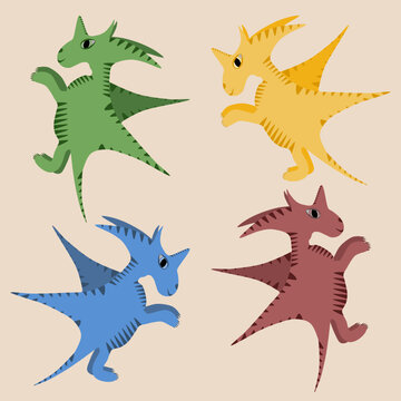 set of four isolated flying dragons in blue, red, green and yellow, fantasy dragon monsters for kids, cartoon fantasy creatures, illustration design for kids, dragons in four colors