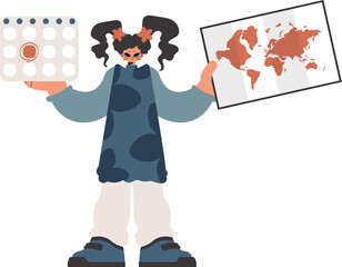 The energized woman holds a calendar and a organize of the world in his hands. Compelled on white establishment. Trendy style, Vector Illustration