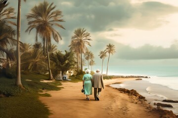 Elderly Couple Walking on Beach Surrounded by Palm Trees. Generative ai