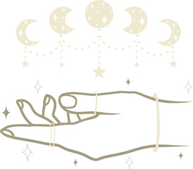 Line art woman hand with moon and stars, spiritual minimalistic art