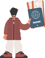 ﻿The individual holds a visa and see at tickets in his hands. Kept on white establishment. Trendy style, Vector Illustration