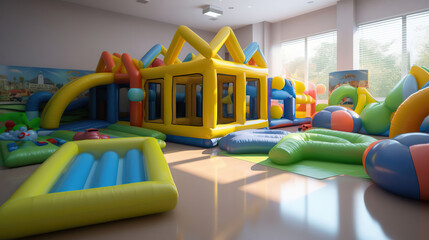 Close up modern inflatable playground for children indoor. Colorful kids zone with safety net for playing. AI Generative - obrazy, fototapety, plakaty