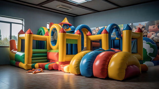 Close up modern inflatable playground for children indoor. Colorful kids zone with safety net for playing. AI Generative
