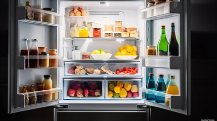 Refrigerator with different products in kitchen, AI Generative