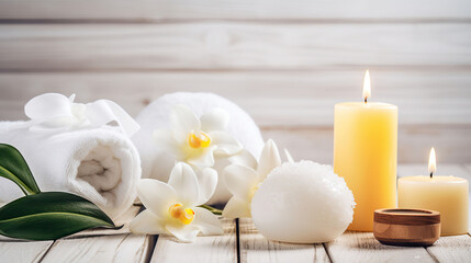 Spa composition massage herbal ball, plumeria flower in vase,coconut coffee soap,white towels and candle on white wood table background, soft white tone still life. AI Generative