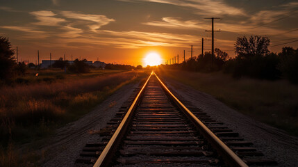 Fototapeta na wymiar Train tracks leading into the sunset. AI Generative