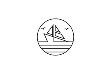 sailing ship wave line art style logo with circle frame