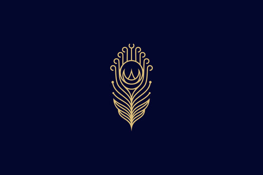 peacock feather line art style logo with golden color
