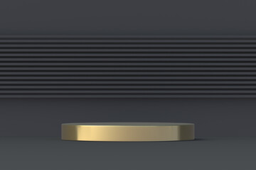 Empty podium on black background. Blank golden piedestal. Product presentation. Showroom gallery. 3d render