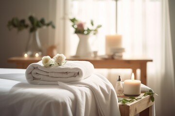 A tranquil spa scene with an empty massage table and a soft, white robe draped over a chair....
