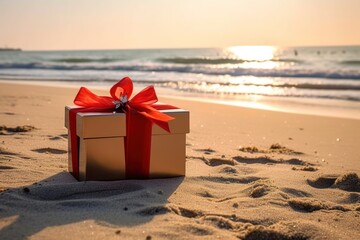 Gift box with a red ribbon on the beach
