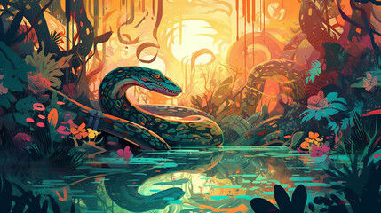 Plakat A massive anaconda living in an enchanted swamp Generative AI 