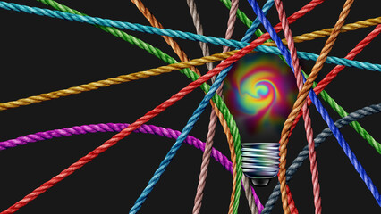 Diverse group knowledge and illumination or enlightenment as creative Diversity ideas or connected interconnected group thinking with ropes shaped as a bright light bulb