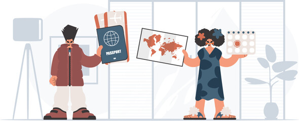 ﻿The person and the flooding lady are going on a trip. The concept of rest and travel. Trendy style, Vector Illustration