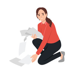 Unhappy businesswoman crying collect scattered on floor papers. Upset stressed clumsy woman gather dropped documents or paperwork, clean mess at workplace. Flat vector illustration isolated  - obrazy, fototapety, plakaty