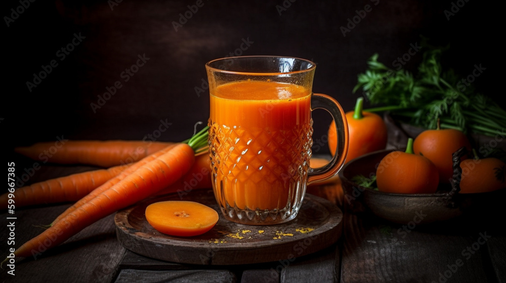 Poster Carrot juice with carrots oranges and turmeric Generative AI 