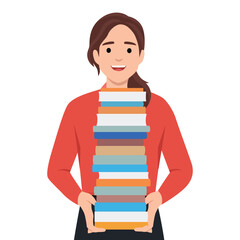 Woman holding stack of books. Bookstore, bookshop, library, book lover, bibliophile, education concept. Isolated vector illustration for poster.. Flat vector illustration isolated on white background