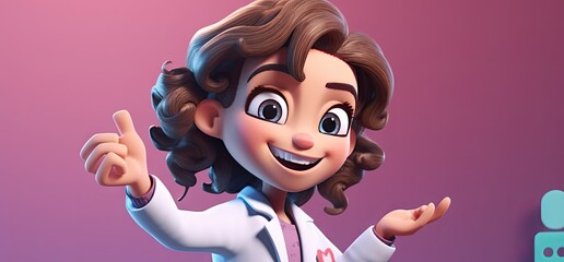 3d animator figure of a smiling doctor pointing out Generative AI
