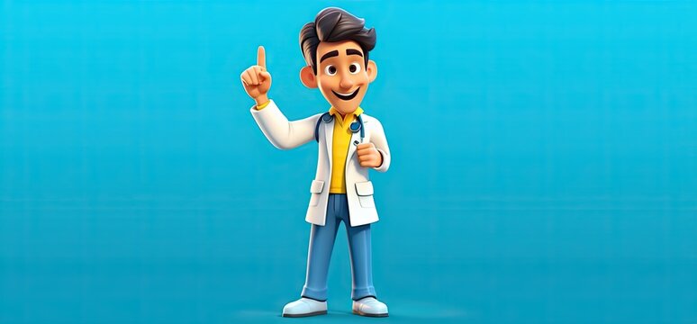 3d animator figure of a smiling doctor pointing out Generative AI
