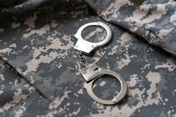 A military camouflage, handcuffed. Concept: war criminal, prisoner of war, tribunal for deserters,...
