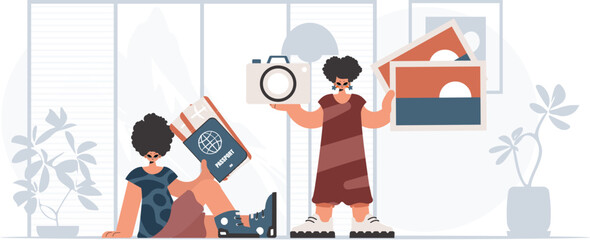 The person and the flooding lady are going on a trip. The concept of rest and travel. Trendy style, Vector Illustration