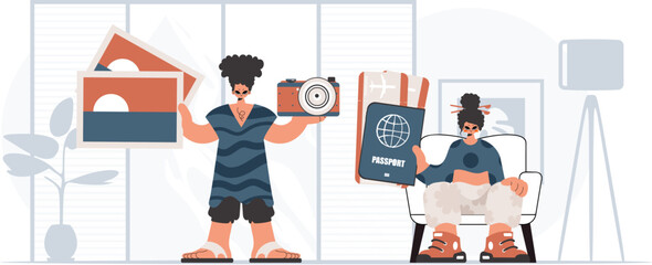 ﻿The person and the flooding lady are going on a trip. The concept of rest and travel. Trendy style, Vector Illustration