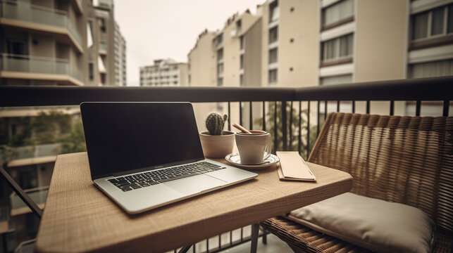 Home office concept. Designated work from home area at the balcony. Modern laptop, notebook and a cup of coffee on table, stylish straw chair with cushions. Close up, AI Generative