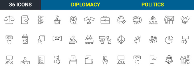 Set of 36 Politics and diplomacy. Voting Related Vector Line Icons. Raising Hands, Electronic voting and more. Editable Stroke