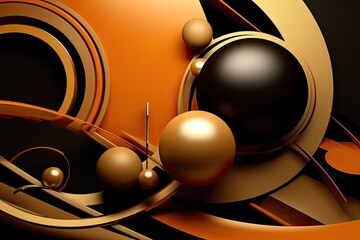 golden, black, and orange shapes, and golden lines and spheres on brown background as wallpaper - Generative AI