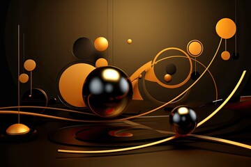 golden, black, and orange shapes, and golden lines and spheres on brown background as wallpaper - Generative AI