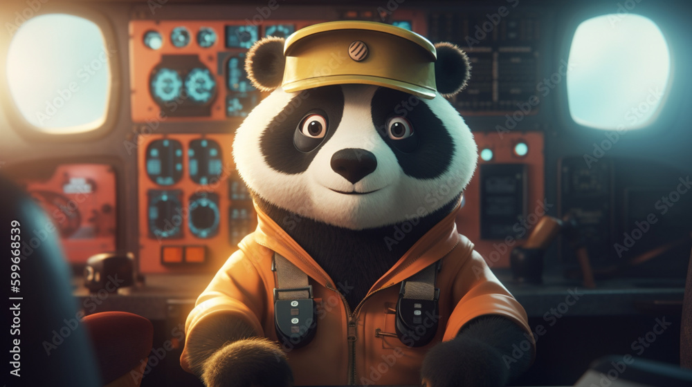 Poster Panda bear as a pilot in an airplane Generative AI 