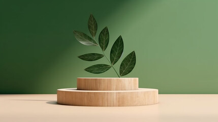 Natural and Fresh Wood Step Up Podium Display Background for Cosmetic, Beauty, or Tech Products against Dark Green Background - Product Mockup and Placement Template with Leaves - Generative AI
