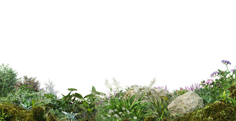 A small garden decorated with various plants and flowers on a transparent background.