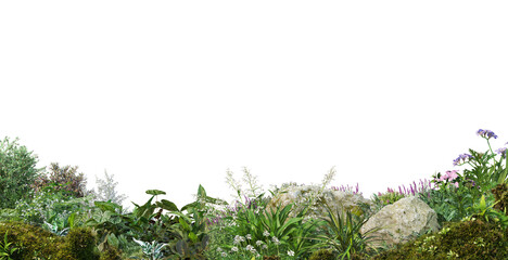 Fototapeta premium A small garden decorated with various plants and flowers on a transparent background.