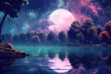 Fototapeta na wymiar night landscape environment harvest moon over a glittering lake lush vegetation birchwood trees, flowers, magical galaxy - Generative AI