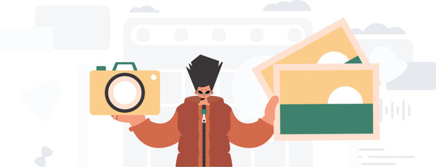 The person holds a camera and photographs in his hands. The concept of rest and travel. Trendy style, Vector Illustration