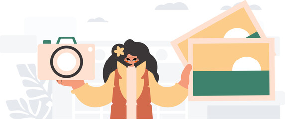 The endless woman holds a camera and photos in his hands. The concept of rest and travel. Trendy style, Vector Illustration