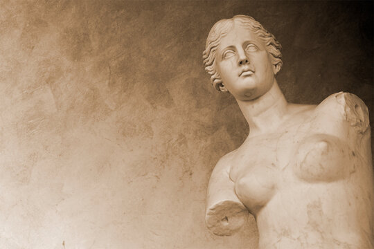 Statue of Venus de Milo  Reproduction version, Head and Torso Detail Perspective with eyes looking away from copy space