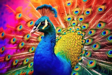 Fototapeta na wymiar colorful peacock on colorful background wallpaper - Generative AI