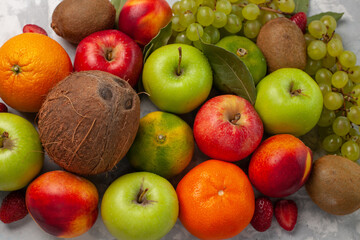 top view different fruit composition fresh fruits on the white desk fruit fresh mellow summer vitamine