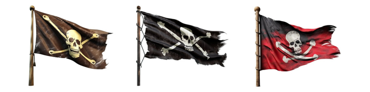 Set of pirate flags isolated on transparent background - Generative AI