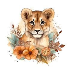 Lion Cub Floral Watercolor PNG Art for Sublimation, Generative AI