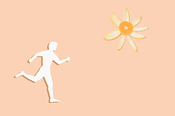 Silhouette of a person running towards the sun. Beige background. Concept
