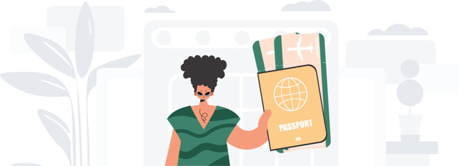 ﻿The person holds a around the world id and discourse around tickets in his hands. The concept of rest and travel. Trendy style, Vector Illustration