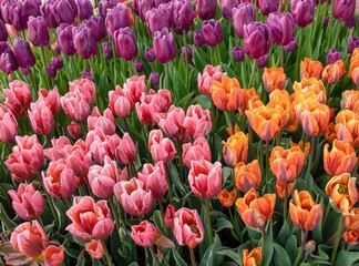 Closeup of groups of tulips at tulip fields near Woodburn, Oregon