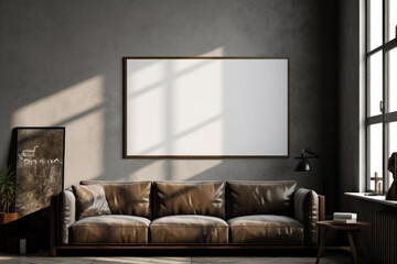 Modern living room interior with brown leather sofa and blank poster on wall. Mock up, Loft living room interior design with blank frame, Generative Ai