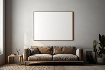 Modern living room interior with brown leather sofa and blank poster on wall. Mock up, Loft living room interior design with blank frame, Generative Ai
