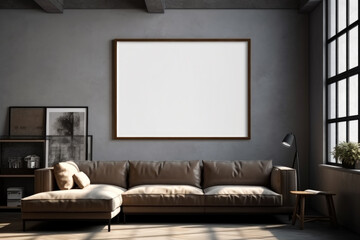 Interior of modern living room with beige sofa and blank poster. Mock up, Loft living room interior design with blank frame, Generative Ai